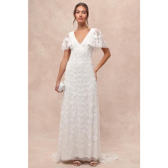 NWT Lulus Safiya White Sequin Flutter Sleeve Maxi Dress Wedding Bridal Bride S - Picture 4 of 14